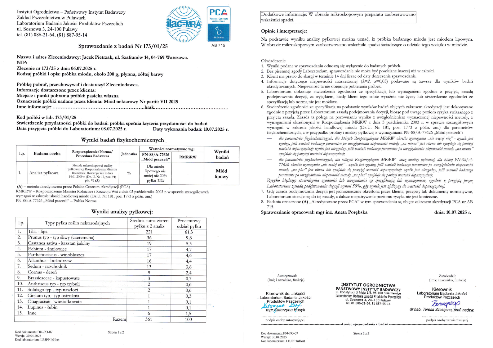 Wynik badania miodu 1